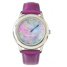 Holografische Glitter Regenboog Pastels Monogram N Horloge