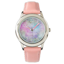 Holografische Glitter Regenboog Pastels Monogram N Horloge