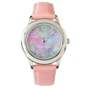 Holografische Glitter Regenboog Pastels Monogram N Horloge