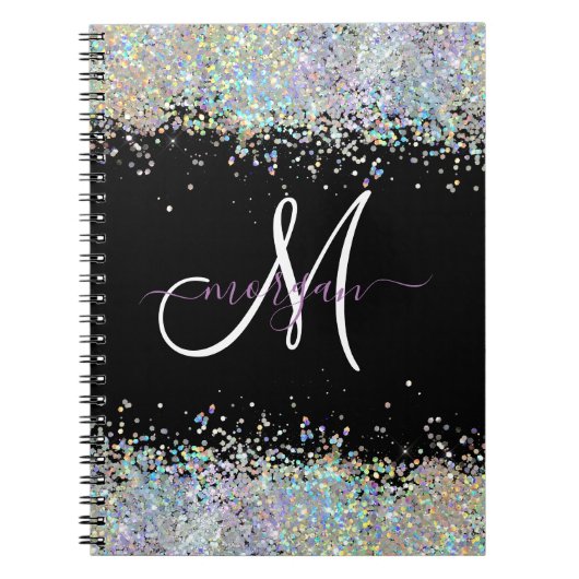 Holografische Glitter Regenboog Pastels Monogram Notitieboek (Voorkant)