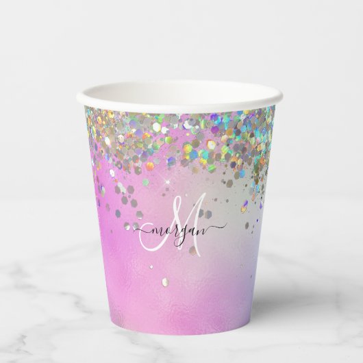 Holografische Glitter Regenboog Pastels Monogram Papieren Bekers (Voorkant)