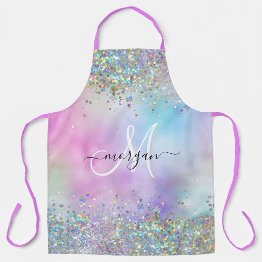 Holografische Glitter Regenboog Pastels Monogram Schort (Voorkant)