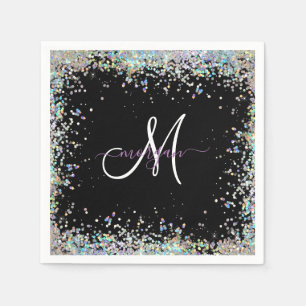 Holografische Glitter Regenboog Pastels Monogram Servet