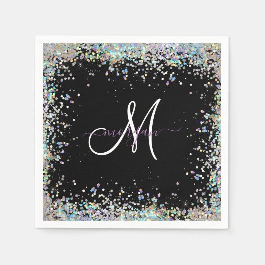 Holografische Glitter Regenboog Pastels Monogram Servet (Voorkant)