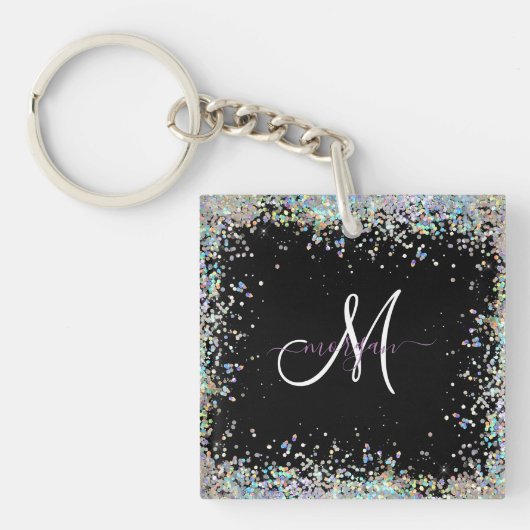 Holografische Glitter Regenboog Pastels Monogram Sleutelhanger (voorkant)
