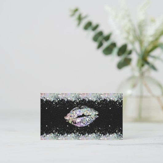 Holografische Glitter Sparkles Lips Uniek Zwart Visitekaartje (Staand voorkant)