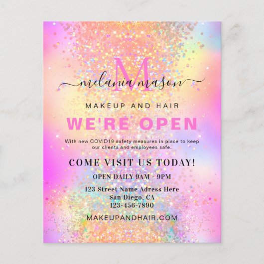 Holografische Glitter We're Open Salon Modern Roze Flyer (Voorkant)