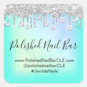 Holografische Mint Blauwe Diamant Drips Nagelbar Vierkante Sticker