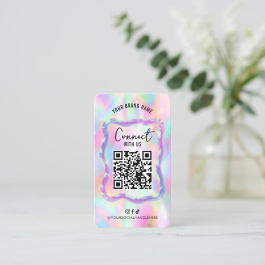 Holografische Neon Opal Girly Social Media QR-code Visitekaartje (Staand voorkant)