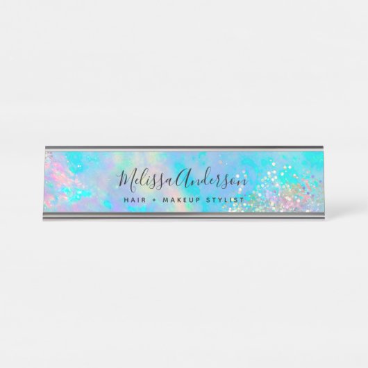 Holografische Opal Stone Glitter Calligrafie Bureau Naambordje (Voorkant)