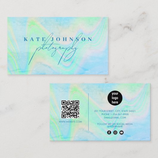 Holografische Opal Stone Marble Script QR Code Bla Visitekaartje (Voorkant / Achterkant)