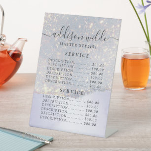 Holografische Paarse Glitter Luxe Glam Prijslijst Reclamebord Met Voetstuk