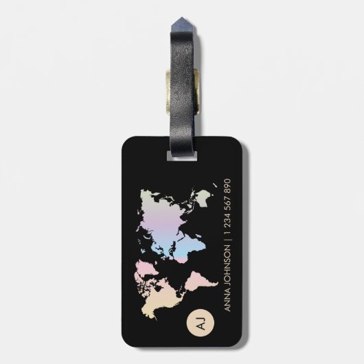 Holografische pasta Wereldkaart Reismonogram Naam Bagagelabel (Achterkant verticaal)