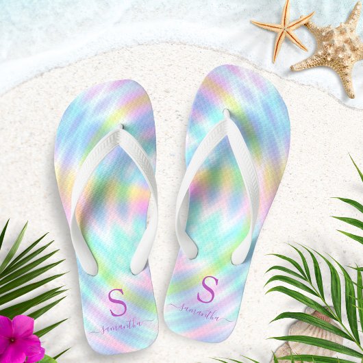 Holografische pasteelregenboogmonogrammen teenslippers