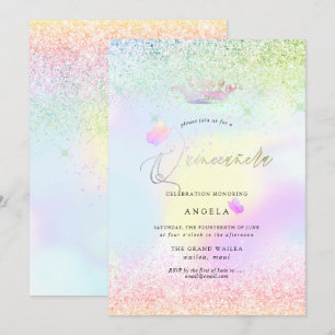 Holografische Quinceanera Roze Vlinders+Glitters Kaart