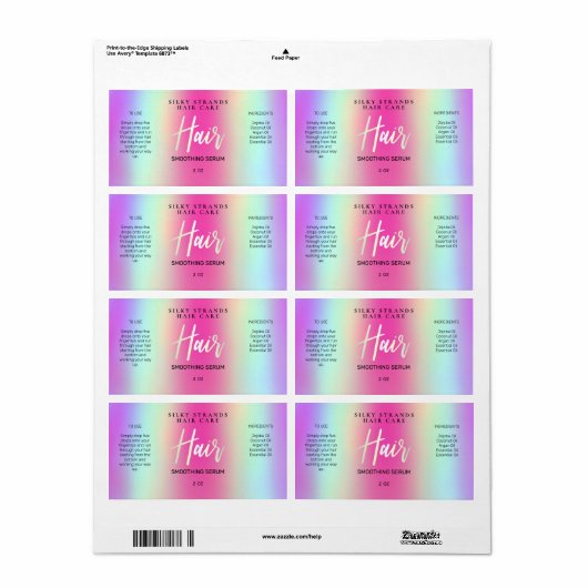 Holografische regenboogkleurige haarserumlabels etiket (Full Sheet)