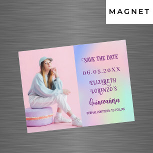 Holografische roze foto Quinceanera Save the Date
