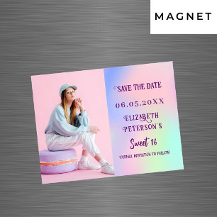 Holografische roze foto Sweet 16 Save the Date