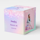 Holografische roze paarse foto Sweet 16 Bedankdoosjes (Voorkant Zijde)