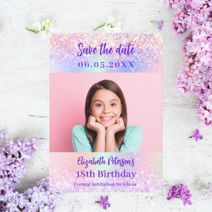 Holografische roze paarse foto Verjaardag Save The Date