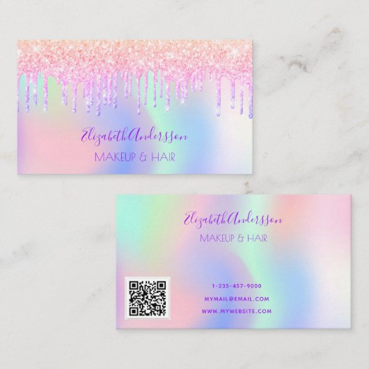 Holografische roze paarse make-up haar qr code visitekaartje (Voorkant / Achterkant)