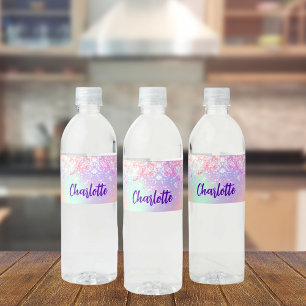 Holografische roze paarse naam waterfles etiket