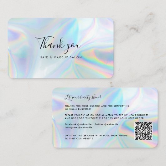 Holographic Beauty Salon QR Code Hartelijk dank Visitekaartje (Voorkant / Achterkant)
