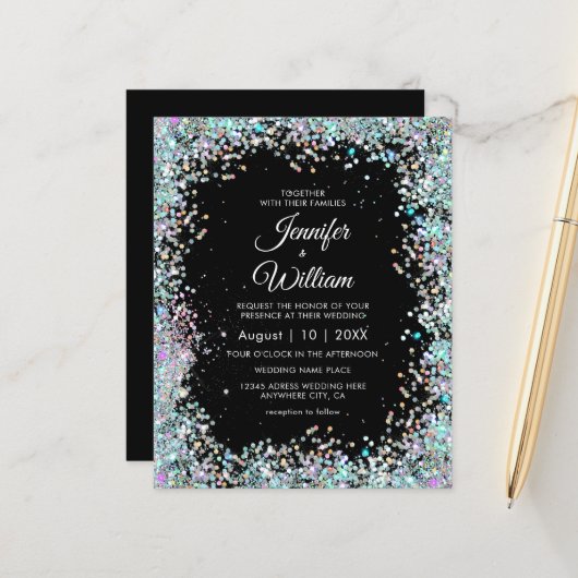 Holographic Glitter Black Wedding Invitation (Voorkant / Achterkant in situ)