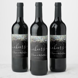 Holographic Glitter Cheers Toast Names Weddenschap Wijn Etiket