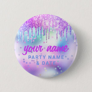 Holographic Glitter Drift Paarse partijnaam Favor Ronde Button 5,7 Cm