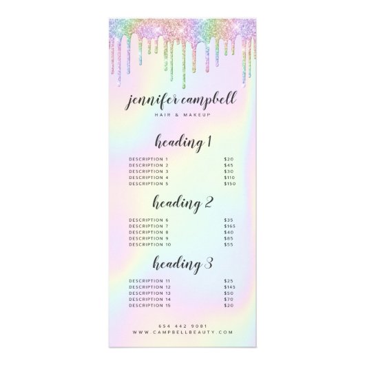 Holographic glitter drips glam lounge service menu (Voorkant)