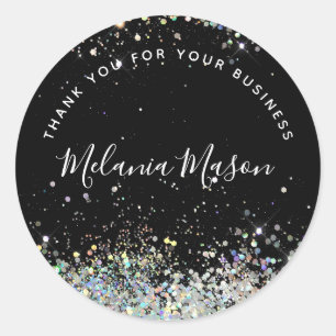Holographic Glitter Stylish Name Black Elegant Ronde Sticker