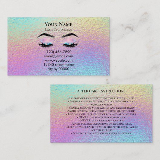 Holographic Lash Technician After care Card Afsprakenkaartje (Voorkant / Achterkant)
