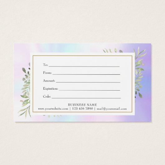 Holographic Spring Leaves Script Gift Certificate Visitekaartje (Achterkant)