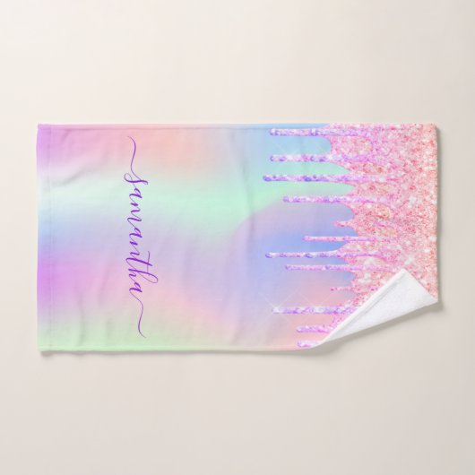 Holographique licorne arc-en-ciel nom gouttes de p (Serviette à main)