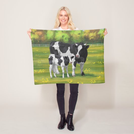 Holstein Koe & Cute Calf in zomerperiode Fleece Deken (In situ)