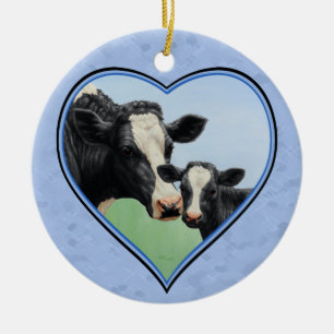 Holstein Koe en Cute Calf Blue Heart Keramisch Ornament