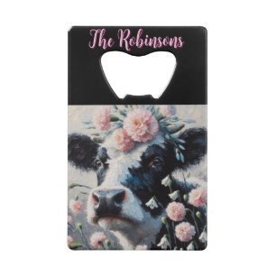 Holstein Koe in Bloemen Boerderij Boerderij Schild Kredietkaart Flessenopener