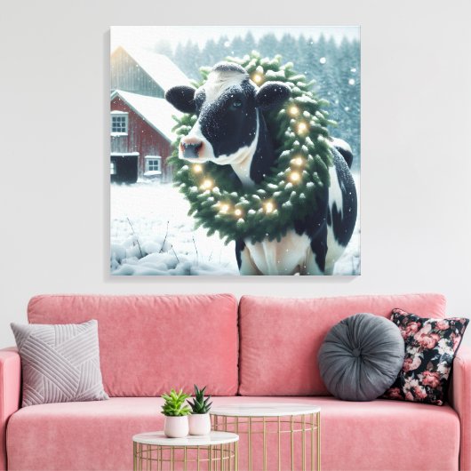 Holstein Koe met een kerstkrans Canvas Afdruk (Insitu (Woonkamer))