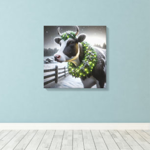 Holstein Koe met een kerstkrans Canvas Afdruk