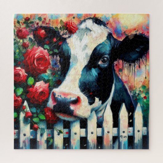 Holstein Koe Picket Fence Red Roses Zwart Rood Legpuzzel (Verticaal)