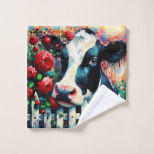 Holstein Koe Picket Fence Red Roses Zwart Rood Washandje