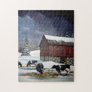 Holstein Koeien in Snowy Barnyard: Oorspronkelijk Legpuzzel