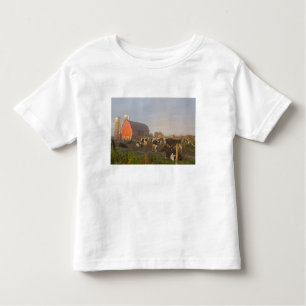 Holstein zuivelkoeien buiten een schuur bij zonsop kinder shirts