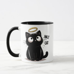 Holy Cat - Minimalistische zwarte kat met Halo Sch Mok