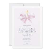 Holy Communion Invitation Girl, Modern Pink Bow