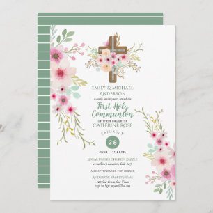 HOLY Community Invitations Floral Cross Pink Sage Kaart