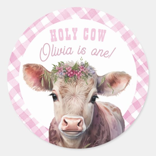 Holy Koe, ik ben een Pink Gingham Party Sticker (Voorkant)