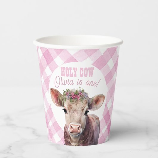 Holy Koe I'm One Pink Gingham Party Cups Papieren Bekers (Voorkant)