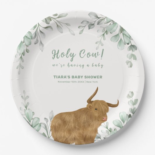 Holy Koe Rustic Boho Greenery Baby shower Papieren Bordje (Voorkant)